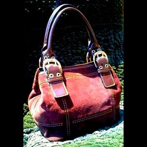 Tignanello Suede Double Stitched 
Brown Leather Silver Buckle Hand Bag Purse